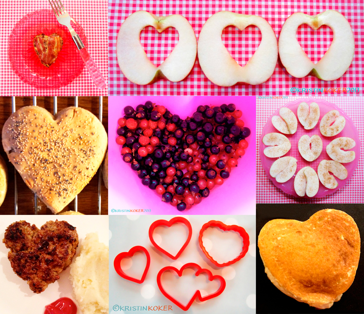 Collage av hjerteformat mat til valentinsdagen