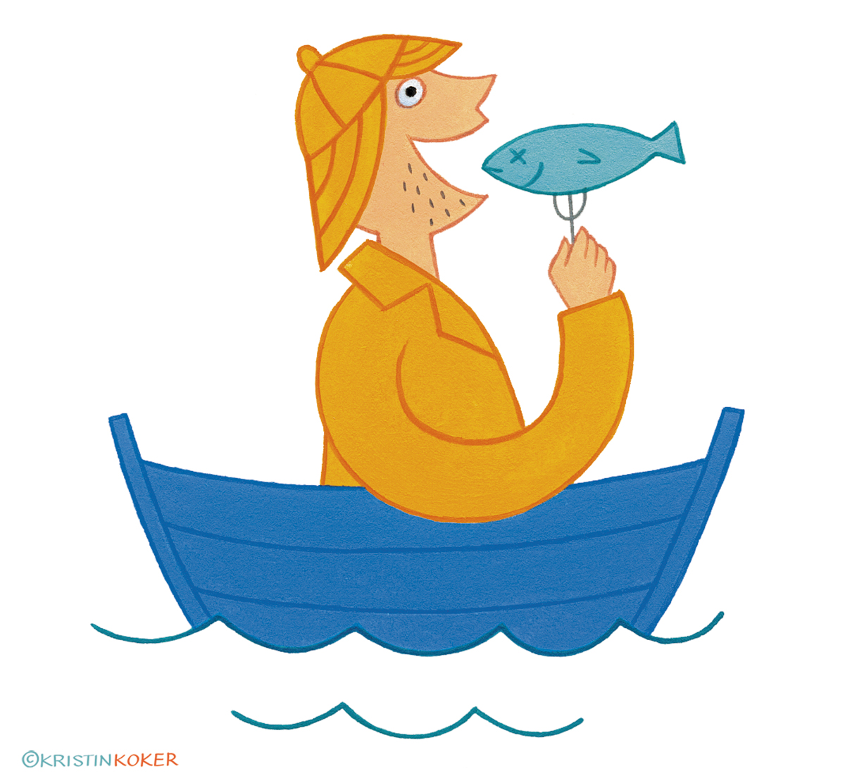 Frisk med fisk, illustrasjon av fisker i jolle med fisk på gafel, illustratør Kristin Granli