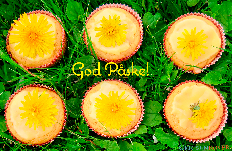 Appelsinmuffins uten gluten og melk, pyntet med glasur og løvetannblomster, fotografert i gresset.